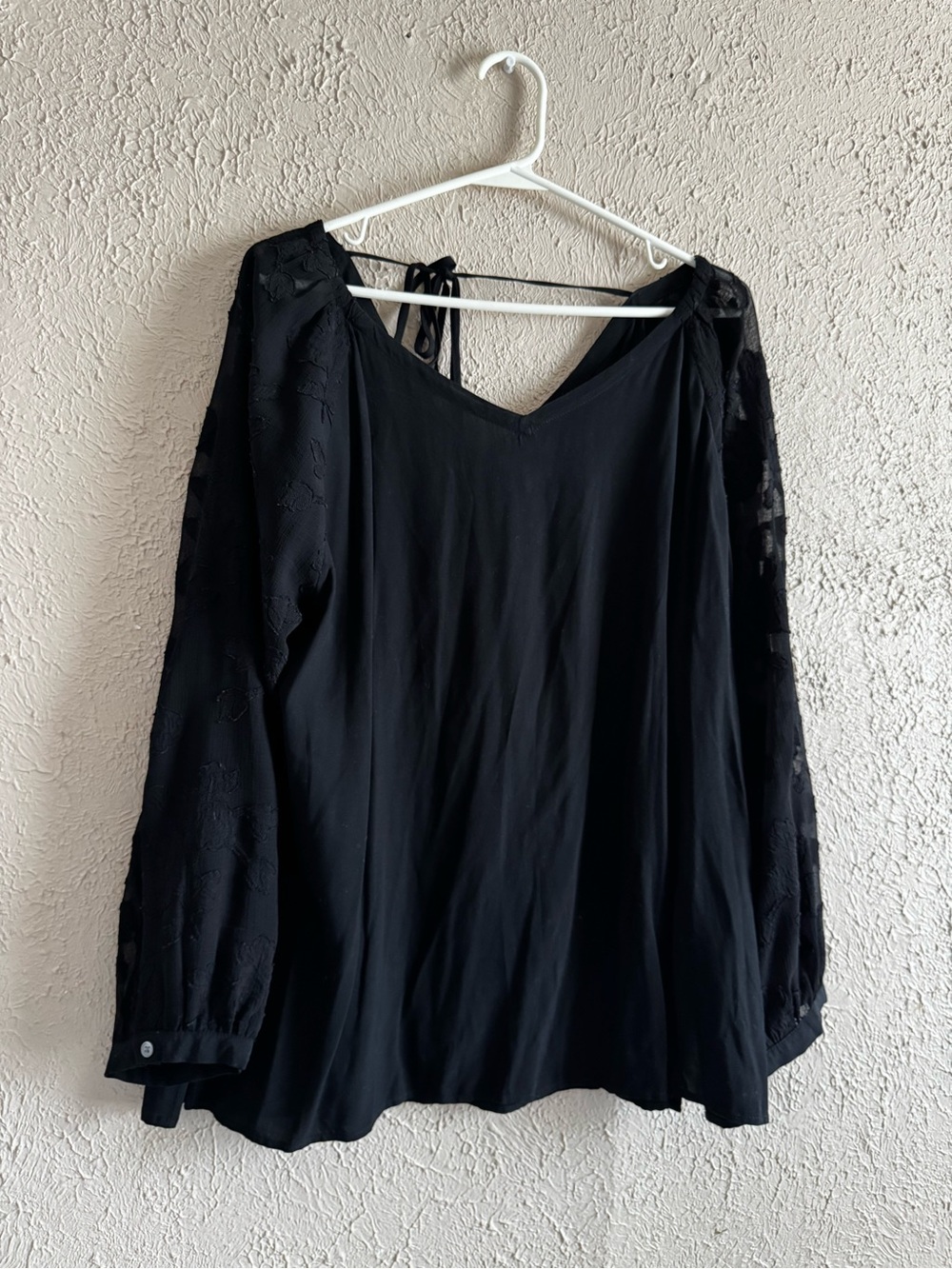 LOFT Black V-Neck Blouse with Sheer Embroidered Long Sleeves